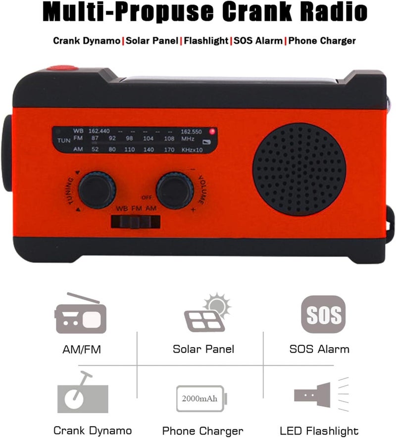 ويوبلز راديو يعمل بالطاقة الشمسية بسعة 2000 مللي أمبير، مزود ببطارية NOAA، راديو طوارئ للأحوال الجوية، مصباح يدوي، بنك طاقة محمول، منبه SOS، راديو AM/FM، ومصباح LED للطوارئ الخارجية. - Image 5